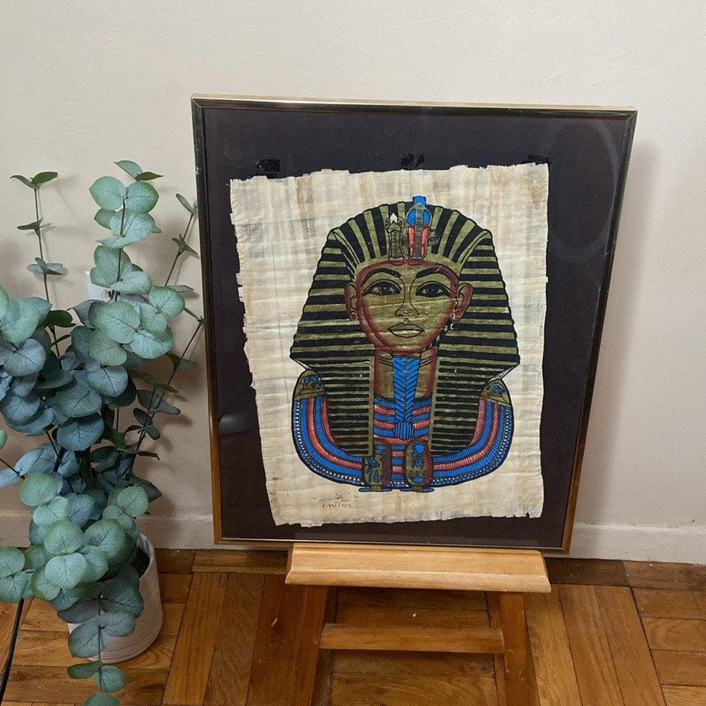 Vintage Egyptian King Tut Papyrus Painting Signed Framed Pharaoh Wall Art